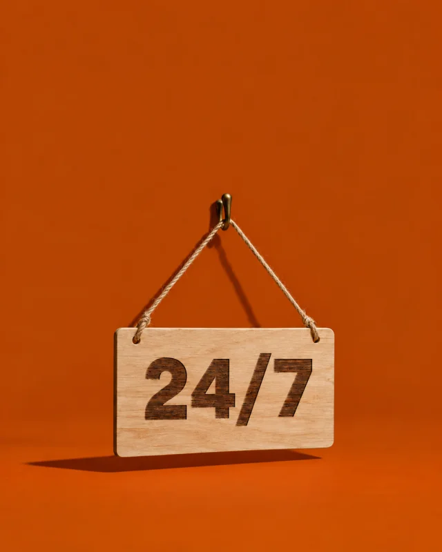 Wooden hanging door sign with 24/7 lettering