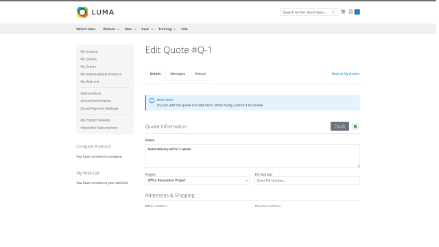 Customer quote workspace