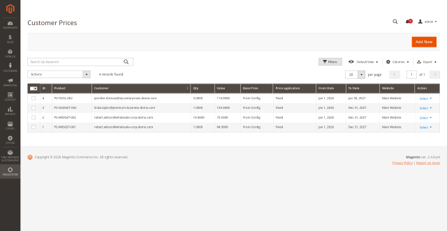 Individual price records per customer and product
