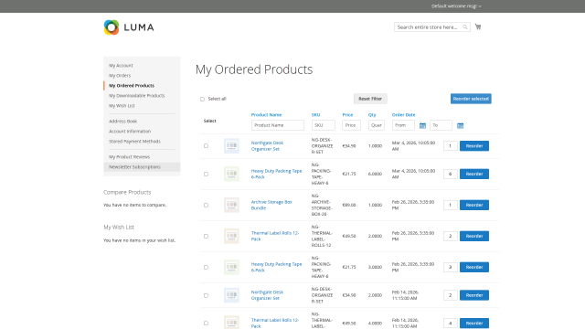 Ordered-items table in customer account