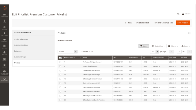 Inline editing for assigned pricelist products