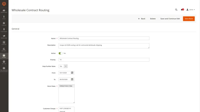 Rules by store view, customer group, and date