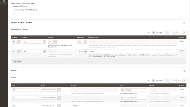 Shipping Conditions screenshot 3: Shipping Conditions Admin Rule Edit Targets Actions